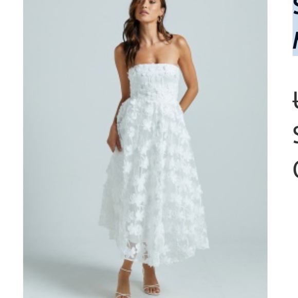 Showpo. Dresses & Skirts - Showpo 	
RHEIVA MIDI DRESS - STRAPLESS 3D EMBROIDERY MIDI DRESS IN WHITE